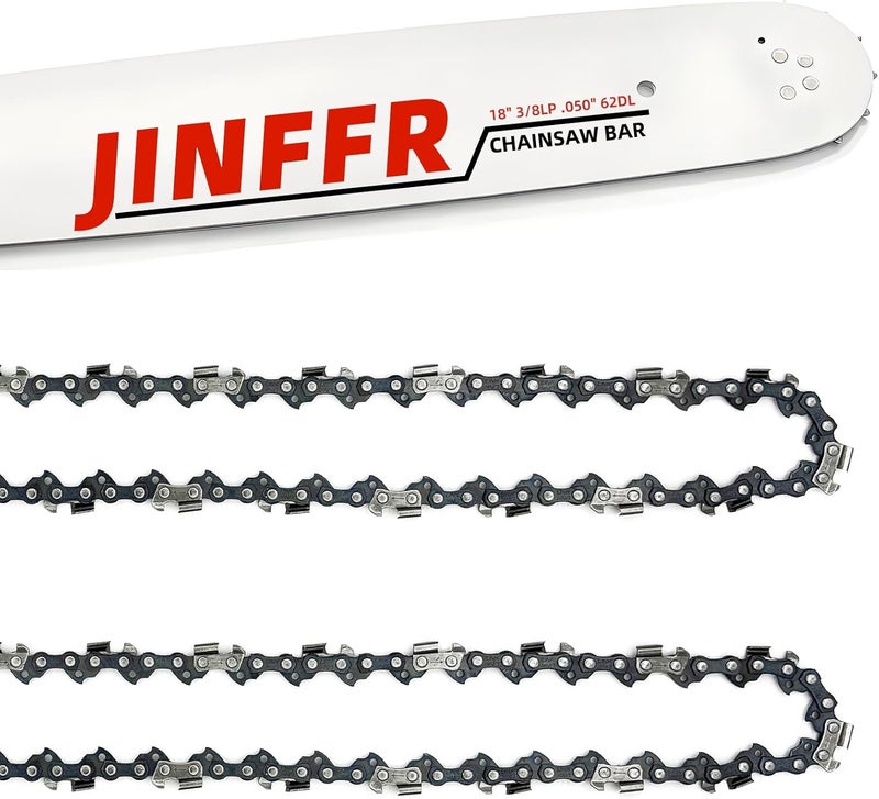 JINFFR 18 Inch Chainsaw Bar & Chain Combo 3/8" LP Pitch .050" Gauge 62 Drive Links 18" Replacement Chain Low-Kickback Chainsaw Chains Compatible with Echo, Poulan, Craftsman and More (2Chains + 1Bar) - Image 1